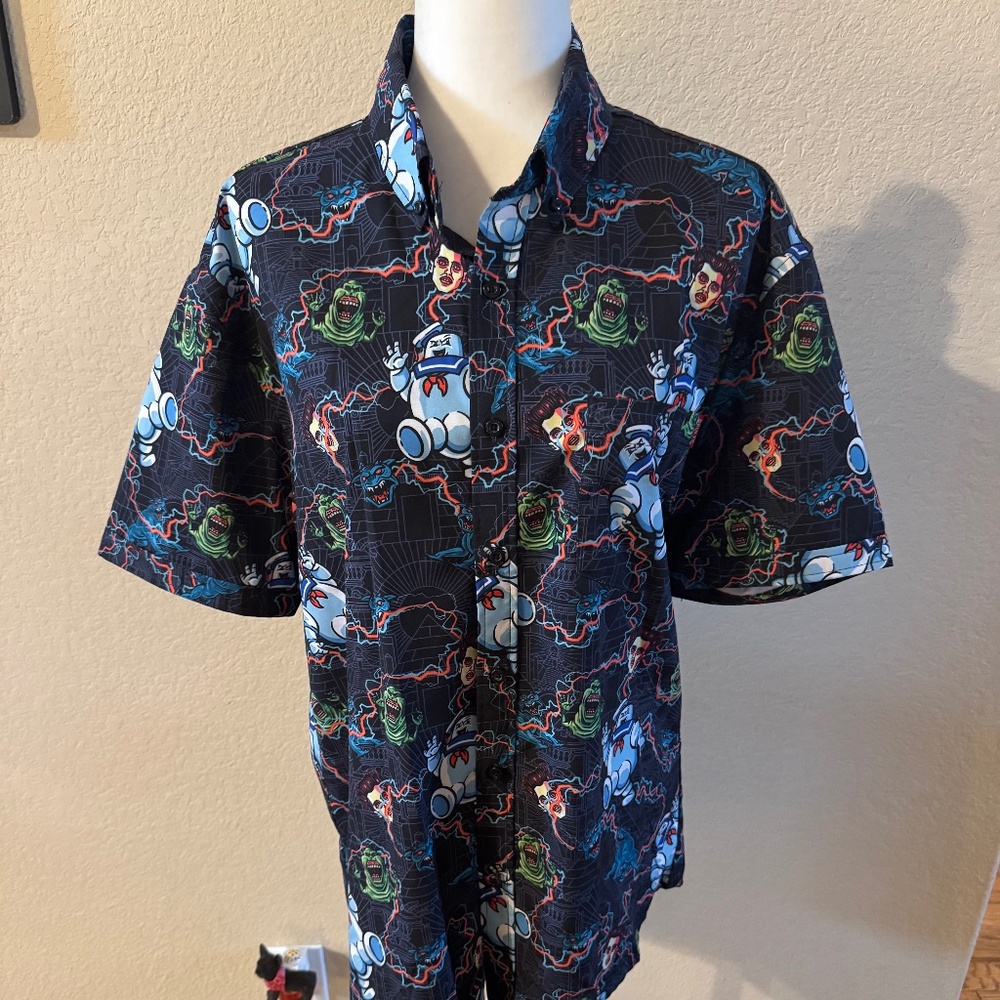RSVLTS Shirt Mens Large Black Ghostbusters Marshmallow Man Button Up Preppy Logo